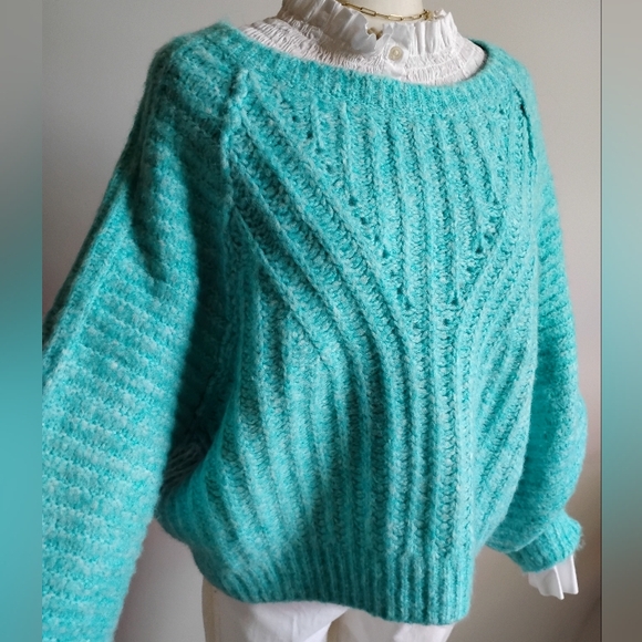 Free People Puff Sleeve Fuzzy Oversized Cropped Sweater Turquoise Colorful Sz M - Picture 6 of 13